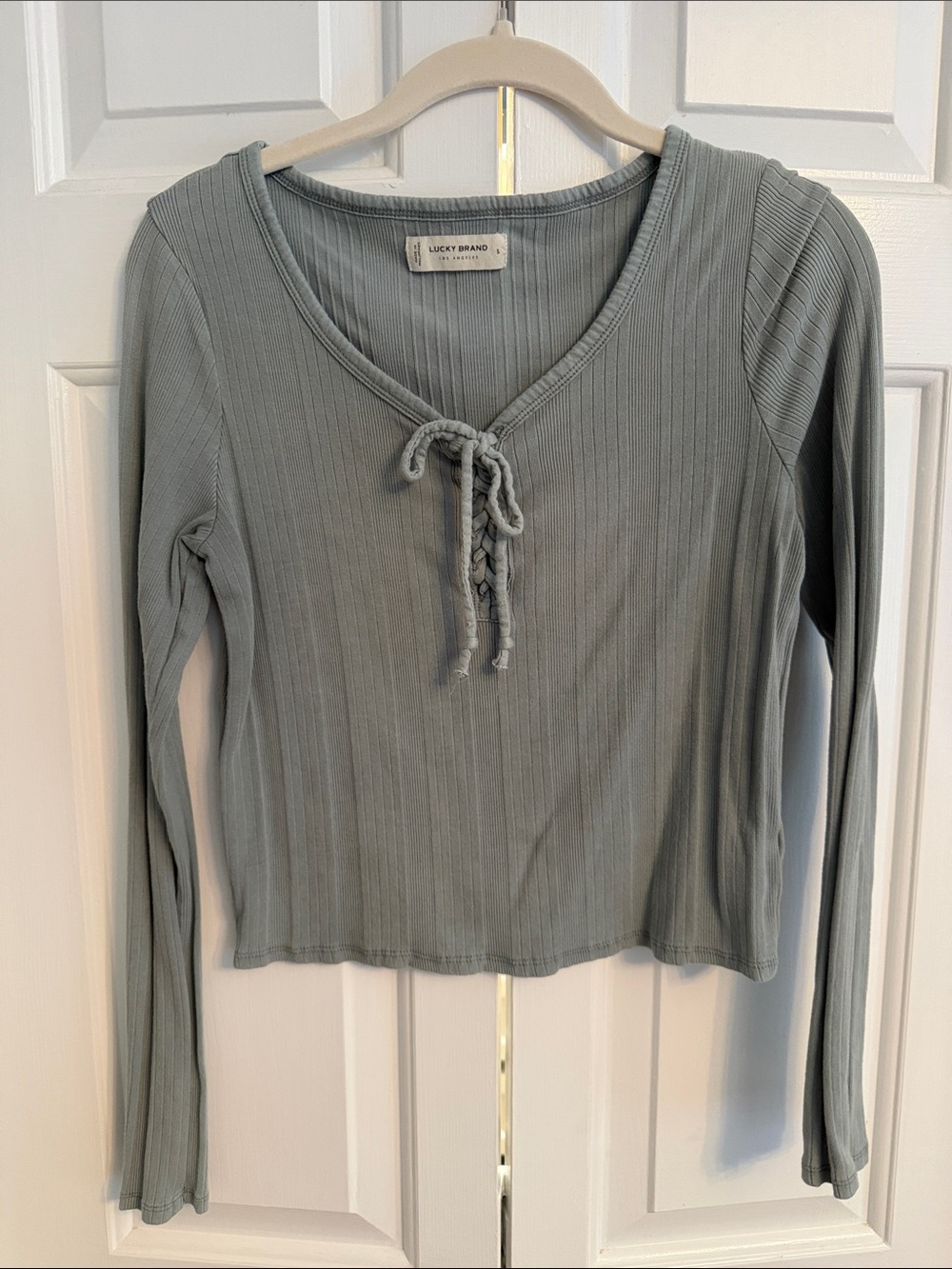 Lucky Brand Sage Ribbed Lace-Up V-Neck Long Sleeve Top